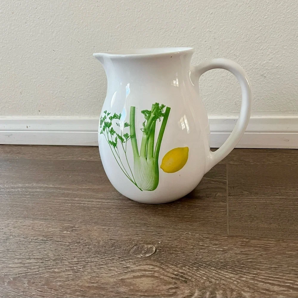 White Ceramic Pitcher with Herb and Lemon Design from Portugal